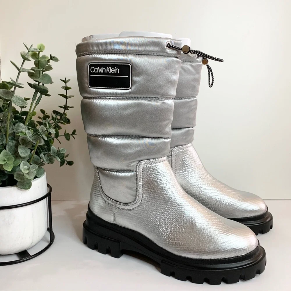 Calvin Klein Leaton Metallic Puffy Bomber Boots Winter Shoes Water Resistant